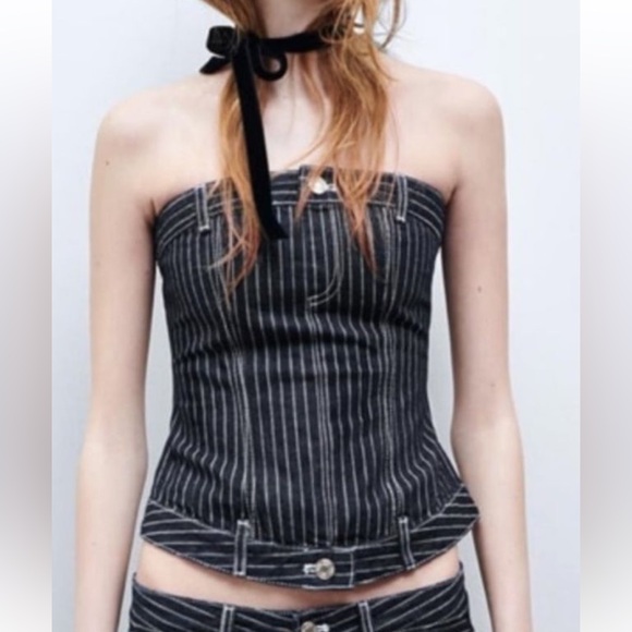 ZARA STRIPED STRAPLESS TRF DENIM TOP - Picture 6 of 6